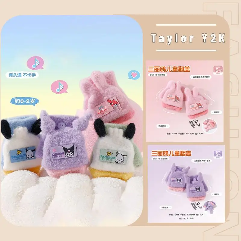 

Sanrio My Melody Children's Gloves Cartoon Anime Kuromi Pachacco Flip Knitted Mittens Korean Kawaii Y2K Warm Half Finger Gloves