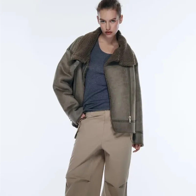 

Biker Style Warm Splicing Double-sided Jacket New Zip-up Jacket Winter Double Open Long Sleeve Jacket jacket women