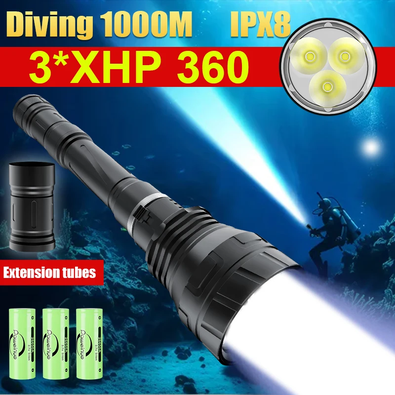 Фото Новый профессиональный подводный фонарь 3*XHP 360 LED для дайвинга, дальность 1000 м, сверхъяркий, для подводного освещения №2