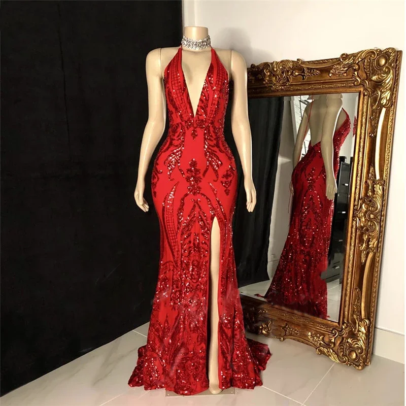 Купи Red Sequin Lace Mermaid Prom Dresses Long Backless Side Slit Black Girl Graduation Party Dress Plus Size Evening Formal Gown за 6,869 рублей в магазине AliExpress