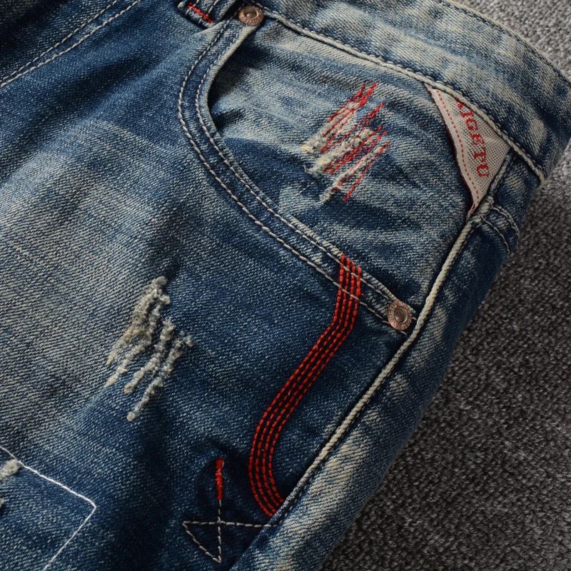 Fashion Streetwear Men Jeans Retro Blue Embroidery Designer Elastic Slim Fit Ripped Jeans Men Patched Vintage Denim Pants Hombre