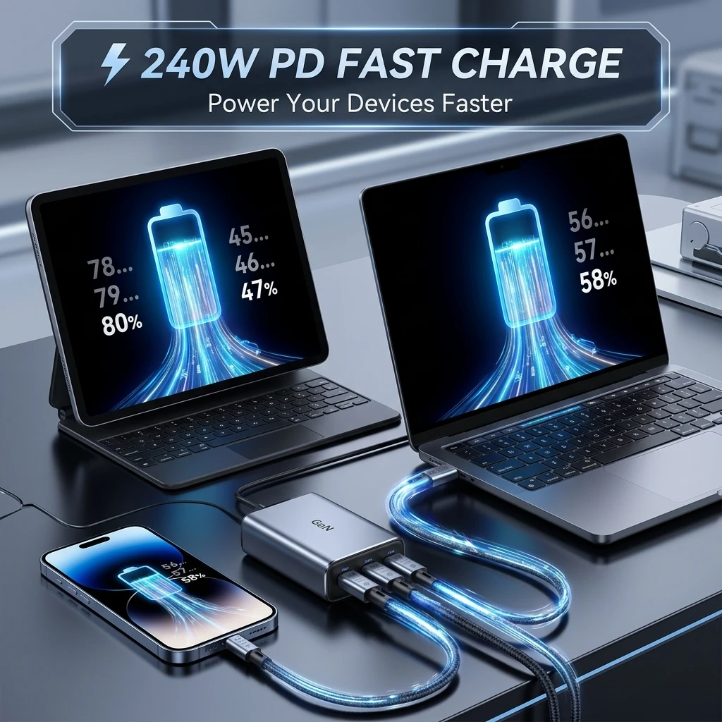 Фото Кабель USB 5.0 C-C, быстрая зарядка 240 Вт, высокоскоростной кабель передачи данных 80 Гбит/с, поддержка дисплея 16K 60 Гц, кабель Type C (штекер-штекер). №4