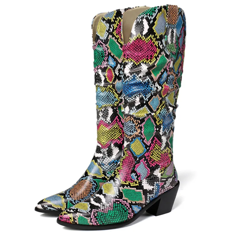 

Женские сапоги со змеиным принтом ENMAYER, длинные зимние сапоги до середины икры на блочном каблуке 6 см, со змеиным принтом, Прямая поставка, 2023