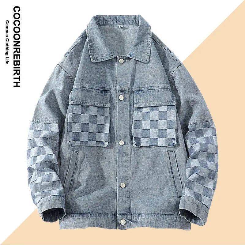 

Korean Fashion Denim Jacket Men Spring Autumn Patchwork Plaid Print Coat Unisex Harajuku Varsity Casual Baseball Outwear 2023