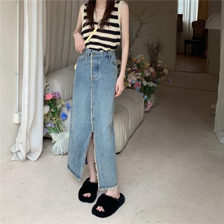 

Женская юбка большого размера с завышенной талией и необработанными краями, Свободный Летний дизайн и нишевая юбка средней длины