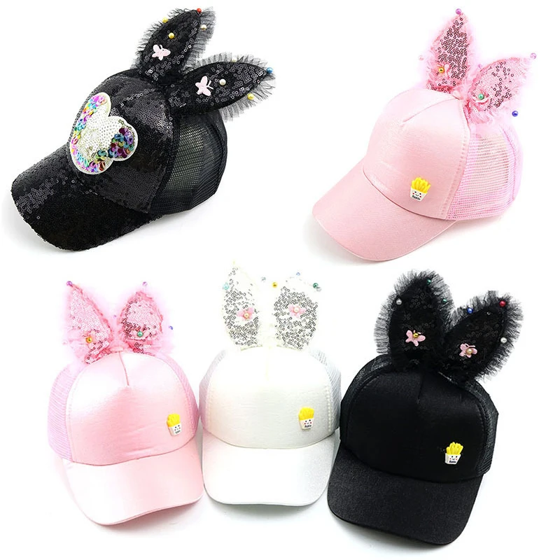 

Cap Gorras Кепка New Mesh Rabbit Ear Children's Baseball Cap Outdoor Baby Long-eared Cartoon Trucker Hat For Girls Pearl Caps