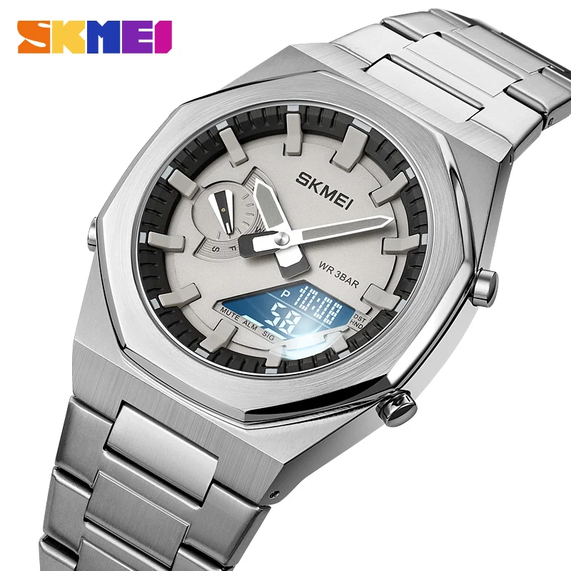 SKMEI Japan Digital Movement Watches Mens LED Light Countdown Wristwatch 3Bar Waterproof 5 Alarm World Time DST Date Week Clock