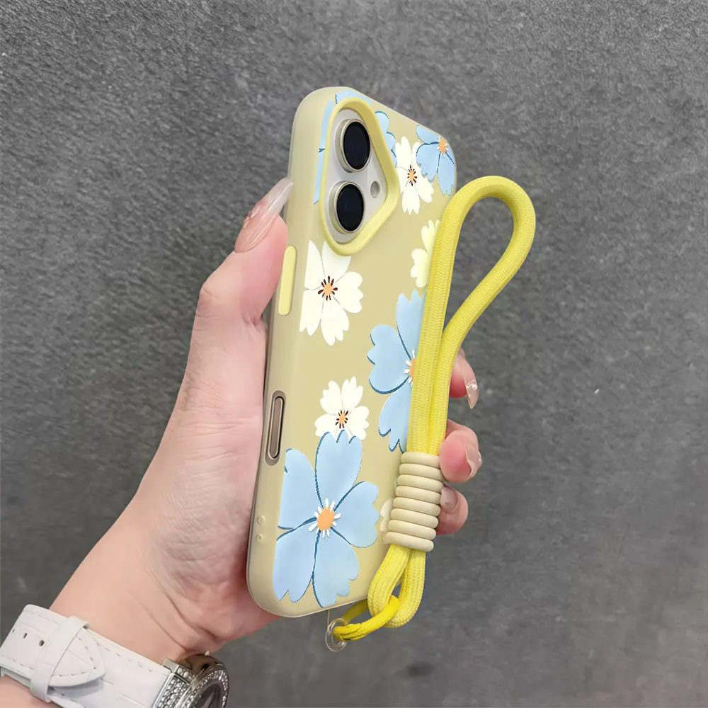 Фото Светло-голубой чехол для телефона с цветочным принтом для Samsung Galaxy S26 S25 S24 S23 S22 S21 Ultra Plus A55 A35 A34 с ремешком на запястье и шнурком №5