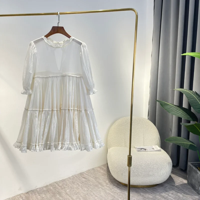 

New Summer 2022 High Quality Back Keyhole Neckline Edible Tree Fungus Edge Sweet Style Folds Beige Mini Dresses for Women