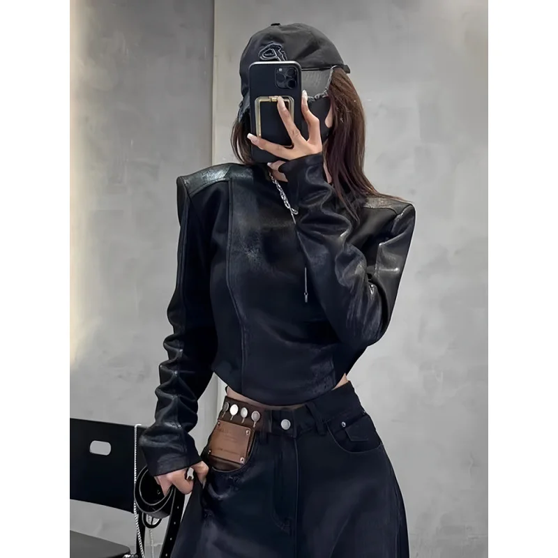 Ретро мотоциклетная женская футболка с длинным рукавом Y2K лоскутный дизайн