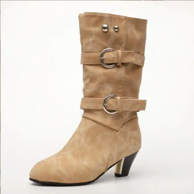 New Sexy Black boots women Shoes knee high Women Casual Vintage Retro Mid-Calf Boots Lace-Up Thick Heels Shoes Large size