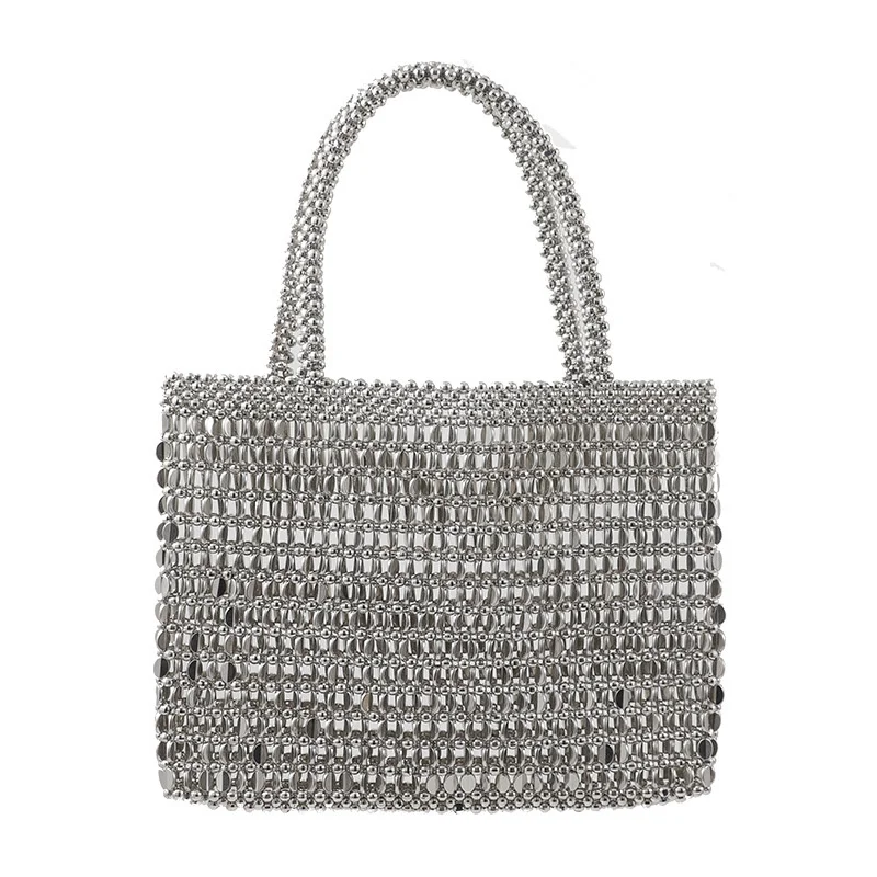 

Vintage Handmade Ladies Handbag Weave Beaded Fashion Silver Color Shining Sequin Shoulder Bag Clutches Womens Party Handbag 2023