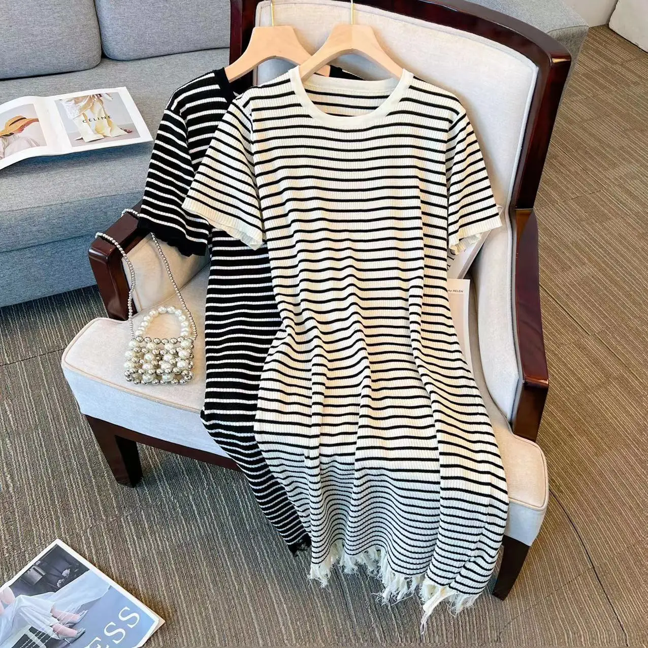 

Ice Silk Short Sleeve Knitted Stripe Dress Women's Spring Summer 2023 Korean Fashion Mid-length Fringe Dresses Women Vestidos