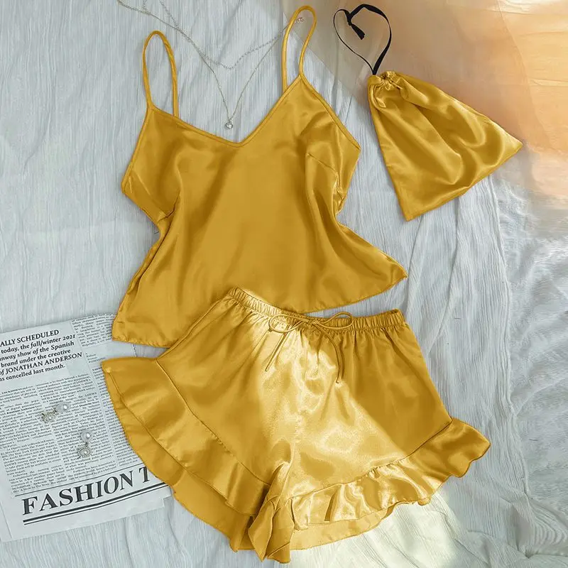 

3pcs Summer Sexy Women's Pajamas Sets to Sleep Luxury Silk Slip Sleepwear Shorts Elegant Loungewear Suit for Home Clothes New