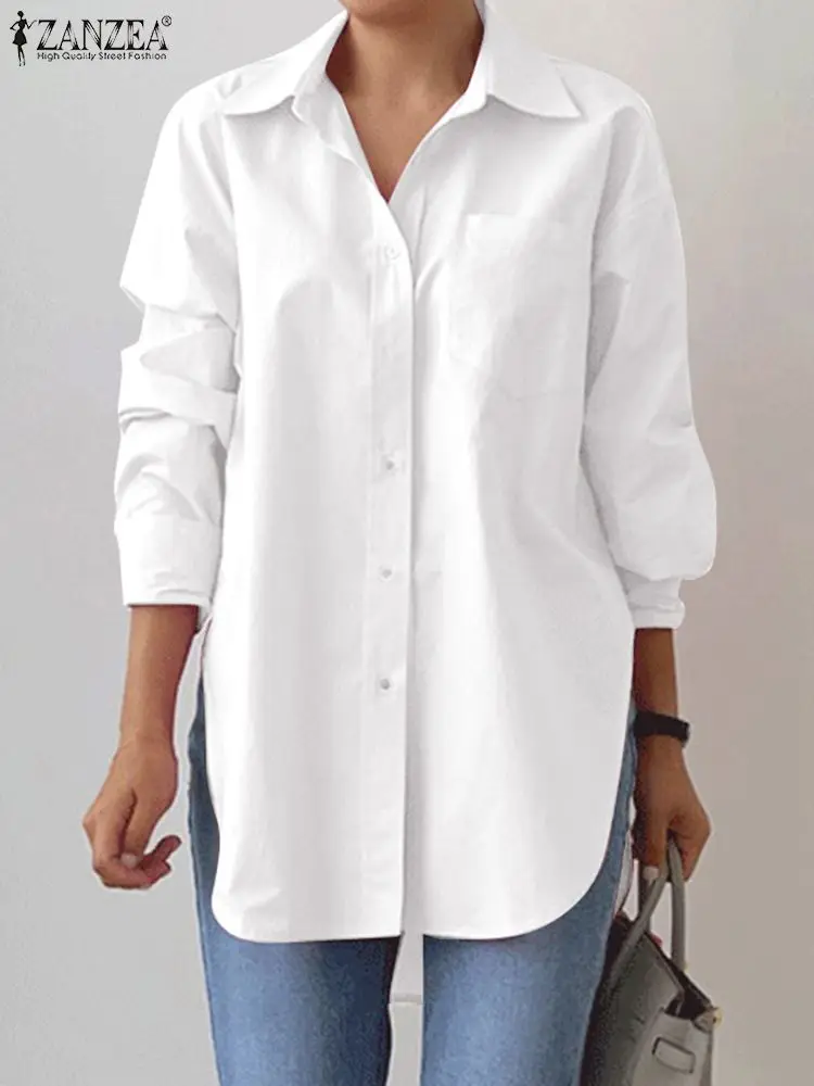 

Блузка ZANZEA женская с разрезом на подоле, стильная элегантная однотонная Свободная рубашка с лацканами и длинным рукавом, офисная одежда оверсайз, весна 2023