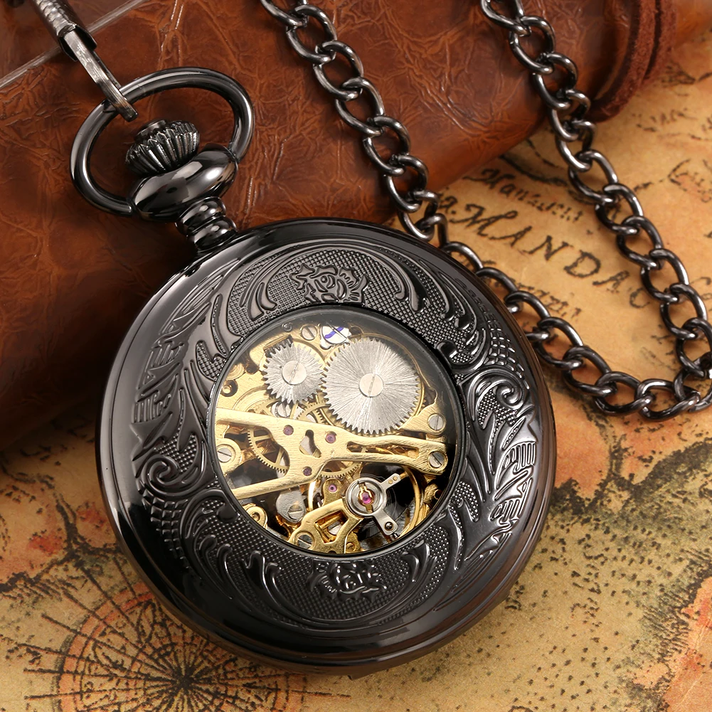 Vintage Black Hollow Manual Mechanical Pocket Watch Fob Chain Arabic Numerals Display Hand Winding Pendant Antique Pocket Clock