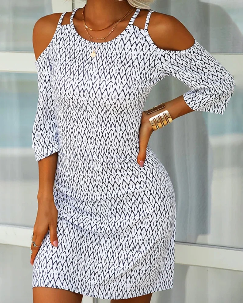 

Women Summer Feather Print Cold Shoulder Pocket Design Casual Dress 2022 Lady Fashion Mini A Line Dress Robe Femme Clothing