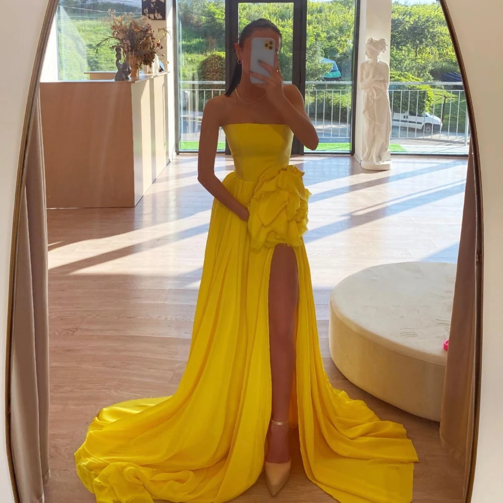 

Желтые Вечерние платья без бретелек, шифоновые платья без рукавов, шифоновые элегантные женские платья-трапеции до пола с высоким разрезом для выпускного вечера