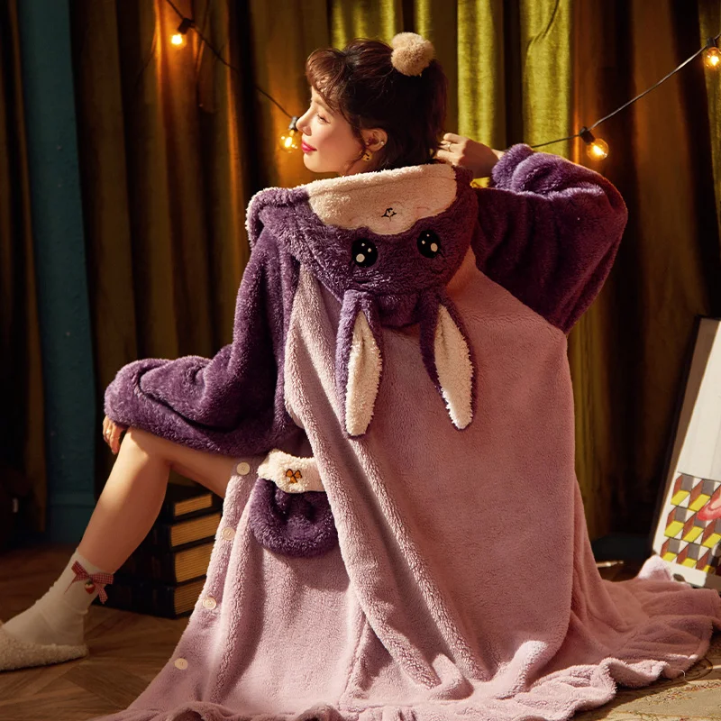 Winter Pajamas Coral Fleece Plus Size Nightdress Loose Version Medium Style Women Sleepwear Flannel Inspissate Nightgown LONG