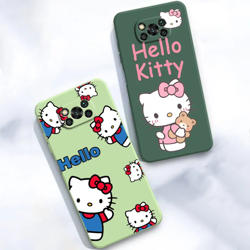 Cute Hello Kitty Cat Square Liquid Silicone Phone Case For Funda Xiaomi Mi POCO F5 Pro X5 X4 X3 NFC M5S M3 M4 Pro F4 F3 GT Cover