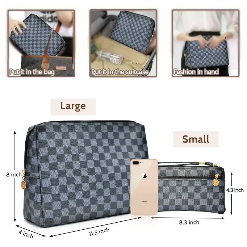 2Pcs Portable Checkered Makeup Bag, Blue Travel Cosmetic Bags, Toiletry Organizer for Women Girl Christmas Gifts, Toiletries Bag