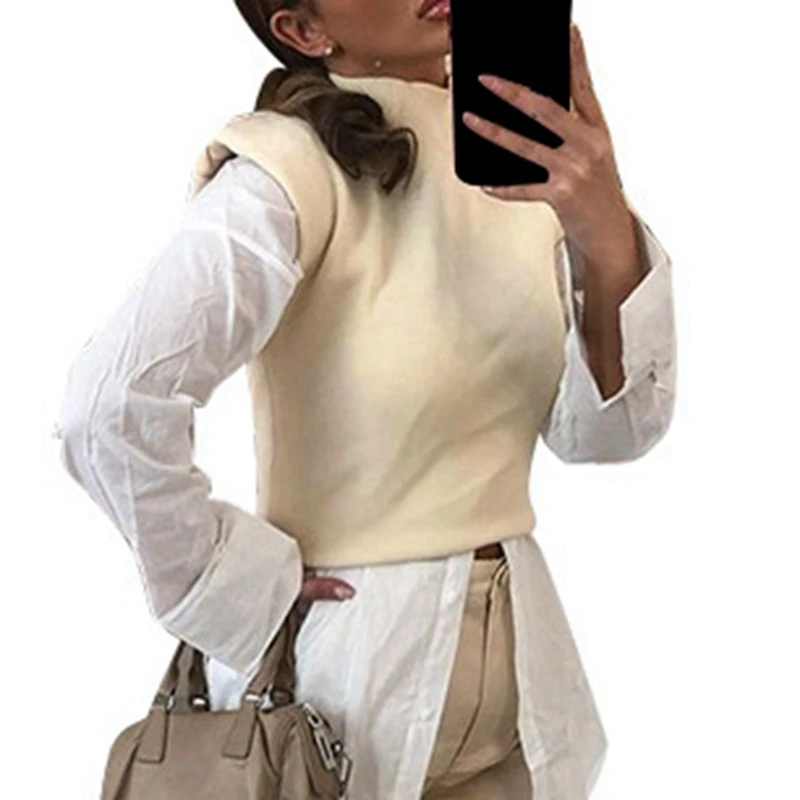 

2 Pcs Women's Fashion Slim Solid Color Half High Neck Shoulder Pad Sleeveless Top Apricot S & L