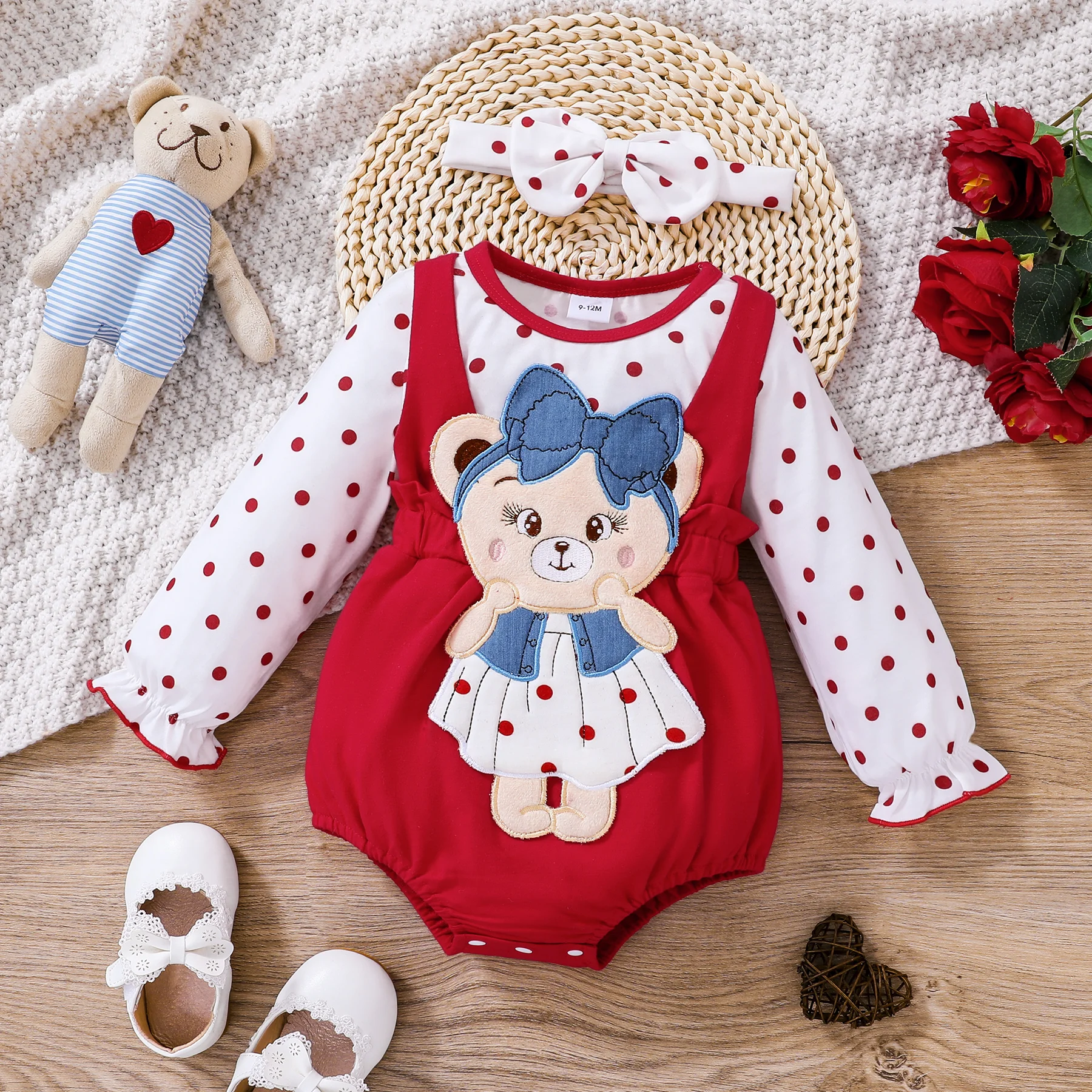 PatPat 2pcs Baby Girl 95% Cotton Bear Embroidered Spliced Polka Dot Print Long-sleeve Romper with Headband Set