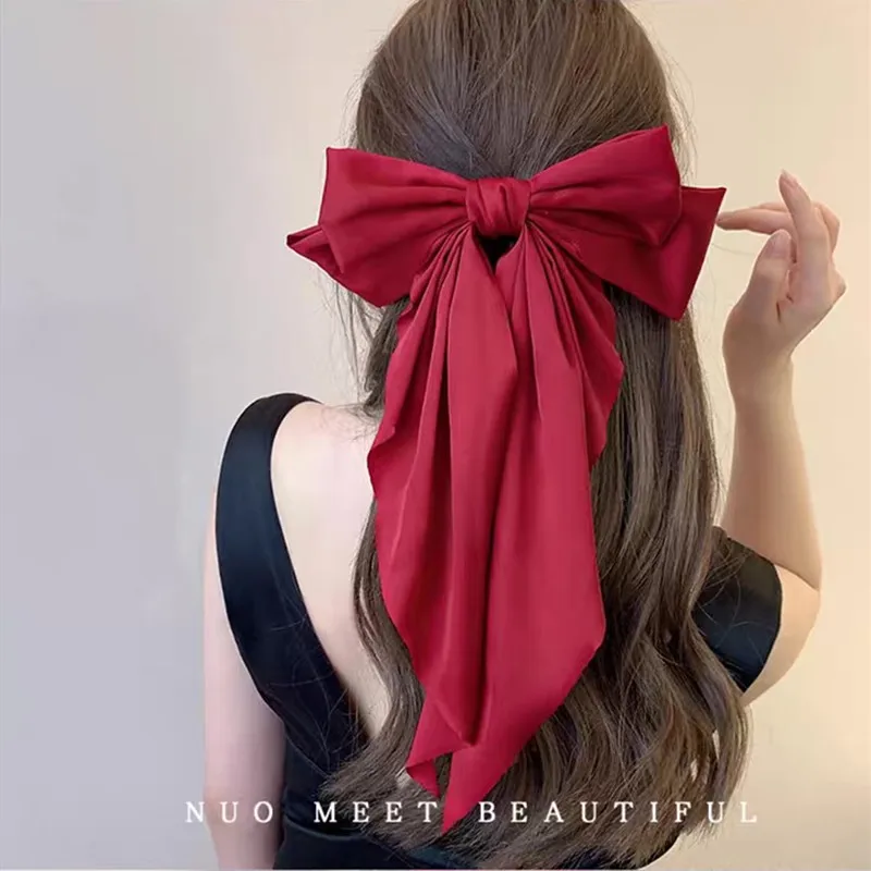 

2pcs/set Satin Two-layers Bowknot Streamer Hairpin Big Large Bow Hairclip For Women Girls Spring Clip Fashion Hair Accessories