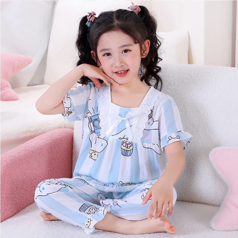 

Cute Sanrio Kuromi Children Nightdress Cinnamoroll Kawaii Anime Summer Home Clothes Short-Sleeved Shorts Suit Baby Toys Girls