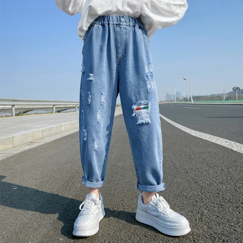 

New Fashion Kids Ripped Jeans For Teen Girls Fit Spring Autumn Jeans Baby Girl Elastic Waist Denim Pants Child Casual Trousers