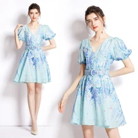 2022 spring and summer new womens chic v neck short bubble sleeve fashion printed avant garde elegant dress with belt