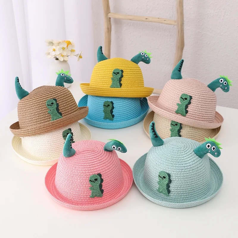 Детская мультяшная соломенная шляпа с динозавром летняя модная однотонная