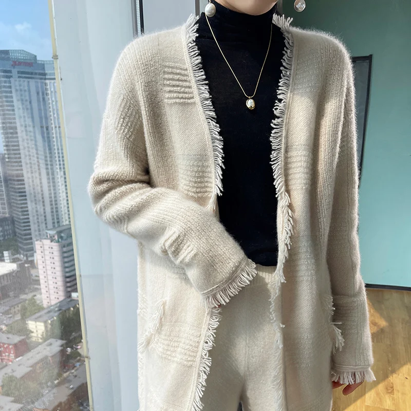 Повседневный свободный кашемировый вязаный женский кардиган свитер с V-образным