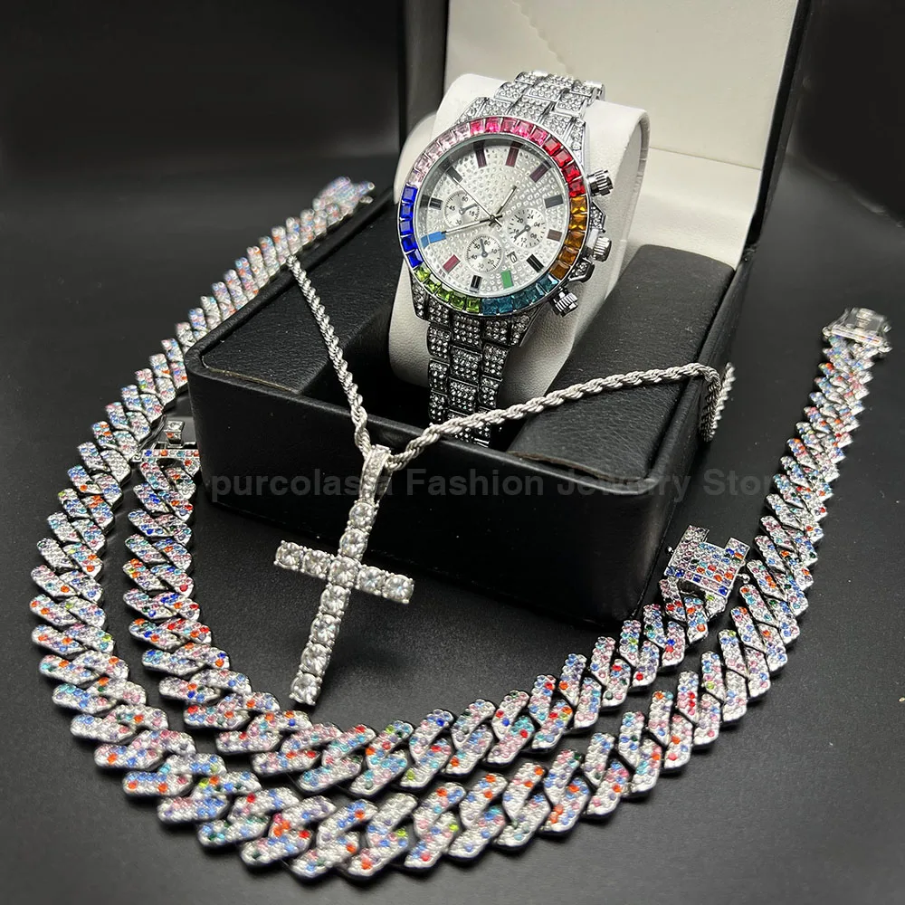 Purcolasia черный хип-хоп кубинский комплект цепочек ожерелье + часы браслет