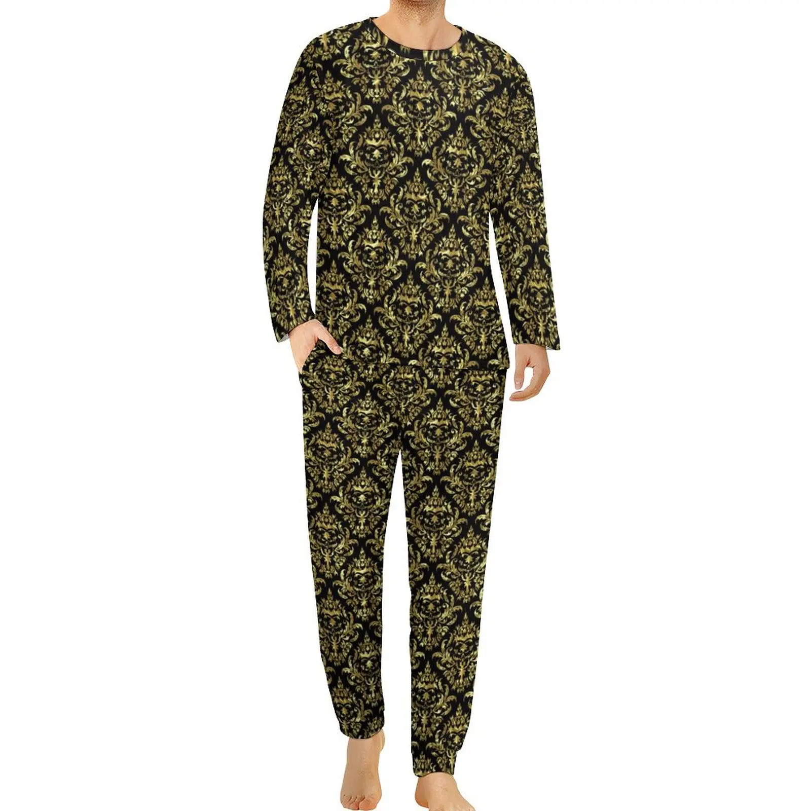 

Gold Baroque Floral Pajamas Geometric Pattern Man Long Sleeves Retro Pajamas Set Two Piece Room Spring Printed Sleepwear Gift