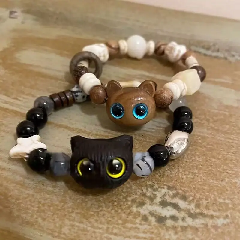 

Dopamine Kitten Wood Grain Beaded Bracelet for Girls Light Luxury Niche Couple Bracelet Best Friend Ceramic Hand Accessories