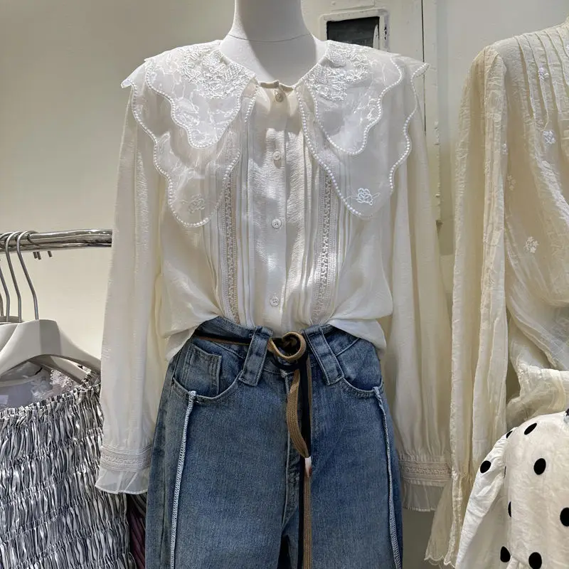 Женская однобортная рубашка с кружевом, однотонная Свободная блузка в Корейском стиле, модель G246 на раннюю весну, 2023