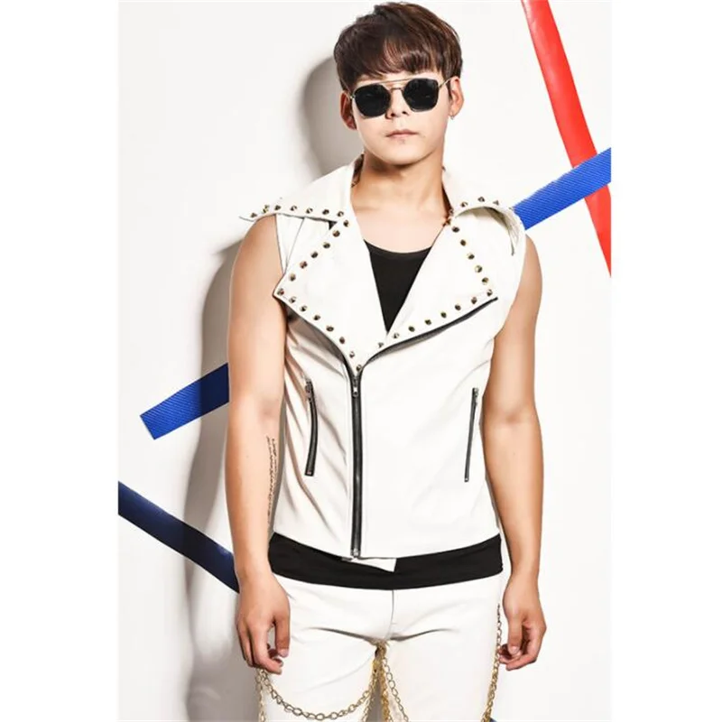 

men vest personalized singer dance stage street star style sleeveless Diagonal zipper leather clothing punk rock dress white