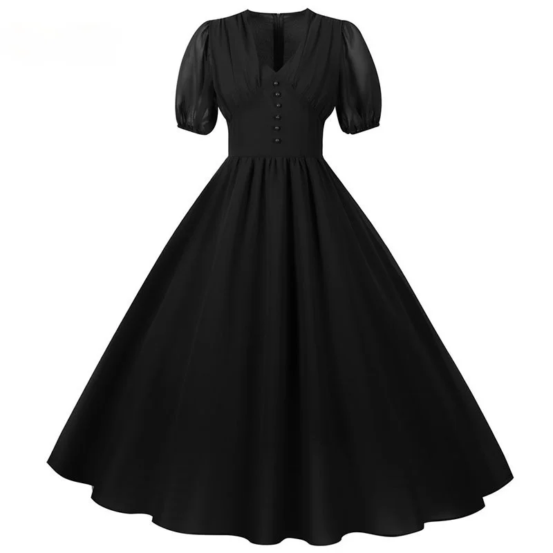 

Gothic Vintage Women Dress Summer Solid Color Chiffon Short Sleeve V Neck Big Swing Elegant Party Vestidos Sundress Mall Goth
