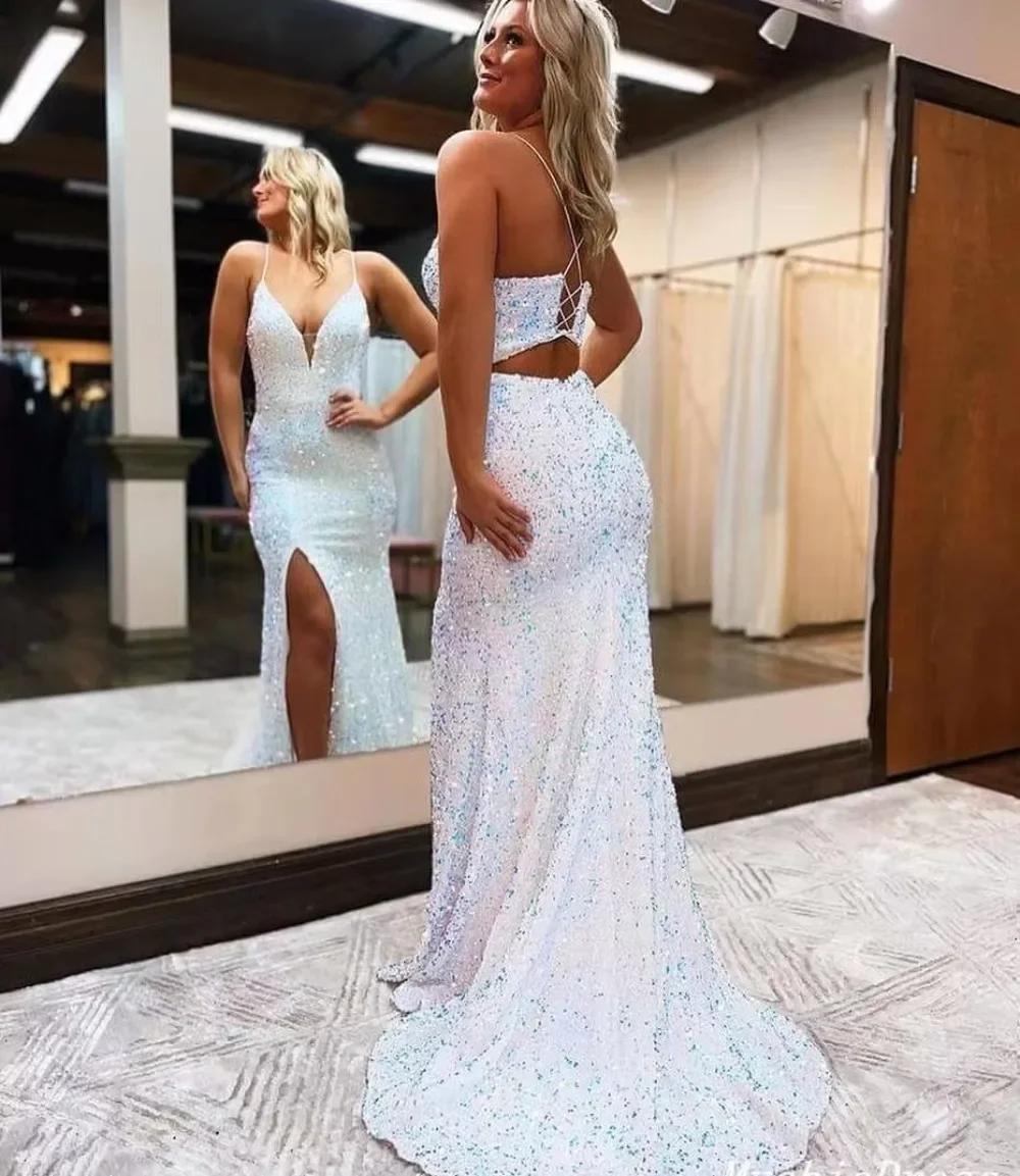 

Sparkly Velour Sequins Mermaid Prom Dresses 2024 V Neck Lace Up Back Sexy Bride Wear Side Slit Evening Party Gownsفساتين سهره