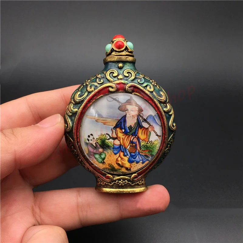 

Pure copper exquisite double-sided ornament of boy old man snuff bottle, Old thing