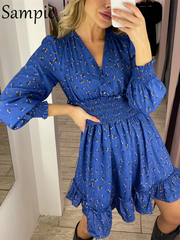 

Sampic Casual V Neck Beach Summer Long Sleeve Mini A-line Floral Print Women Dress Green Blue Fashion Club Party Dress Sexy 2022