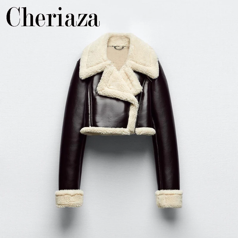 

Cheriaza Winter Woman Imitation Leather Jacket Lapel Long Sleeve Thickened Jackets Splice Lamb Hair Short Coat Casual Outerwear