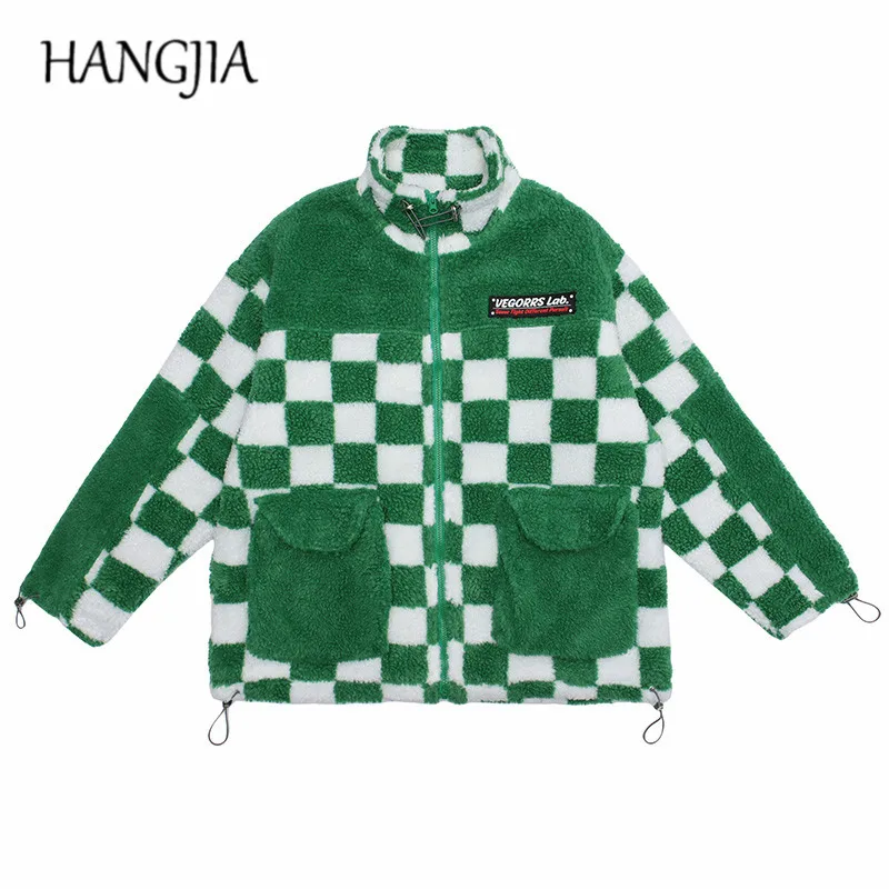 

Harajuku Plaid Color Block Sherpa Fleece Jacket Outwear Pockets Stand Collar Tartan Thick Cardigan Men Cashmere Coat Women