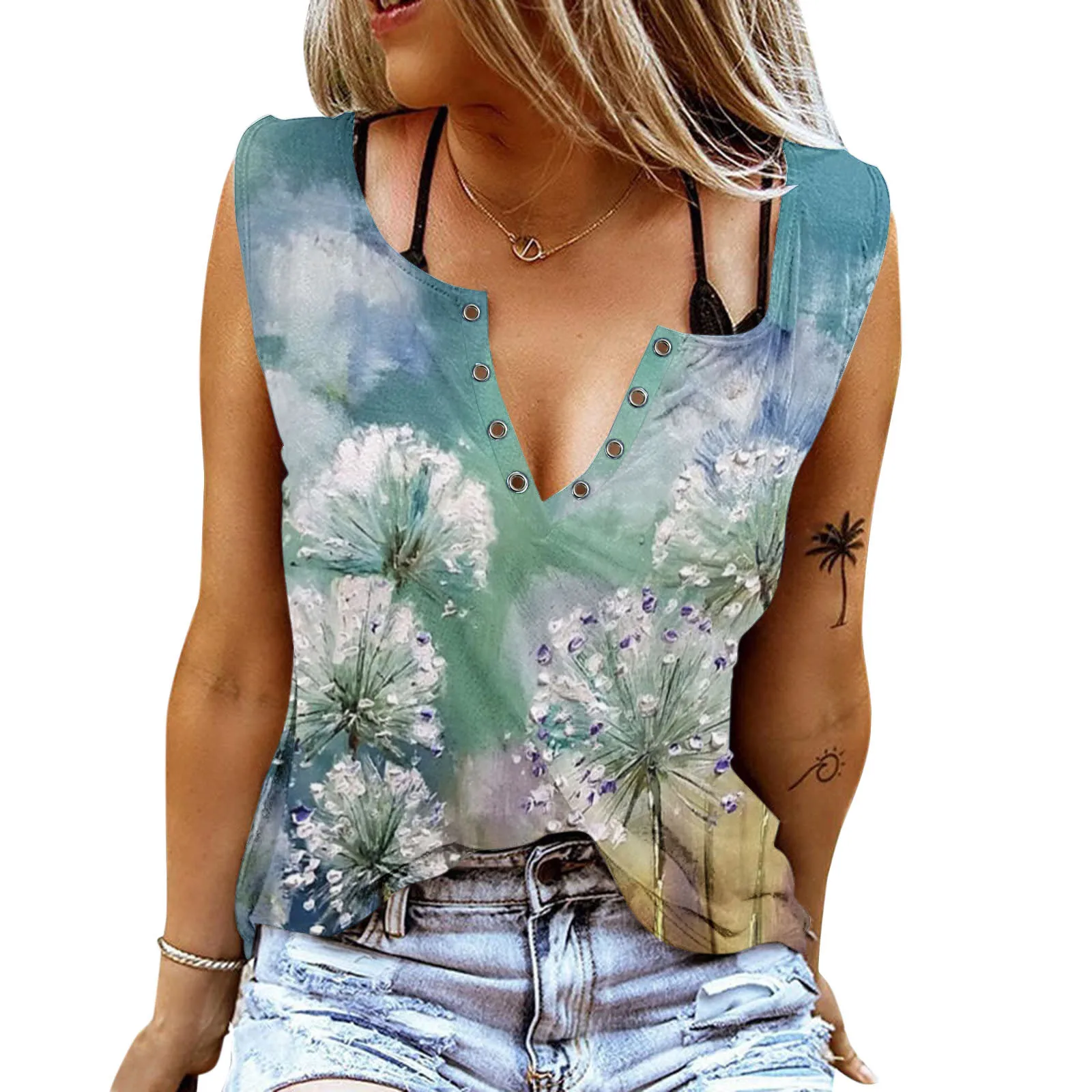 

Майка женская без рукавов с V-образным вырезом, свободная Повседневная рубашка с цветочным принтом, жилет на пуговицах, лето