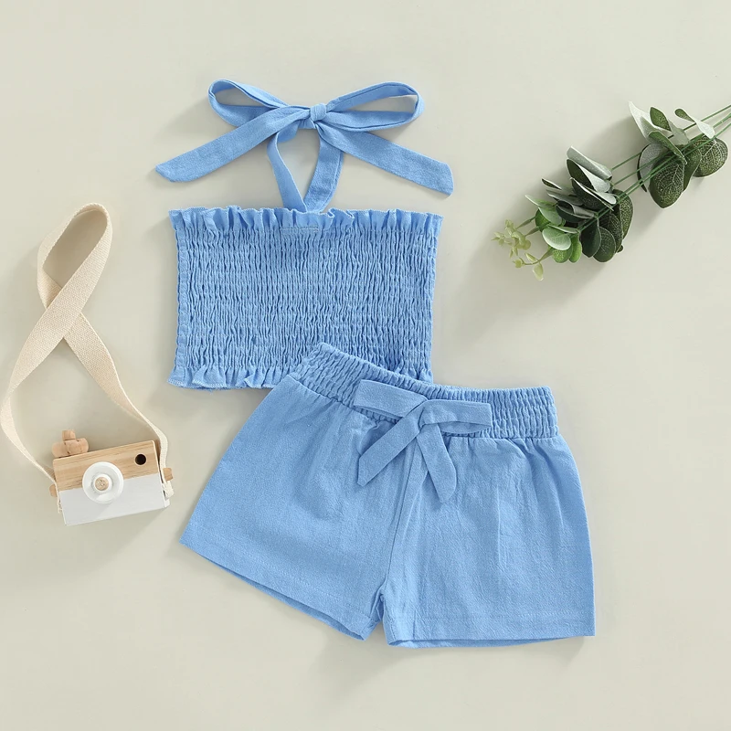 

0-6Years Toddler Baby Girl 2Pcs Fashion Clothing Sleevless Solid Blue Vest Top Shorts Outfit