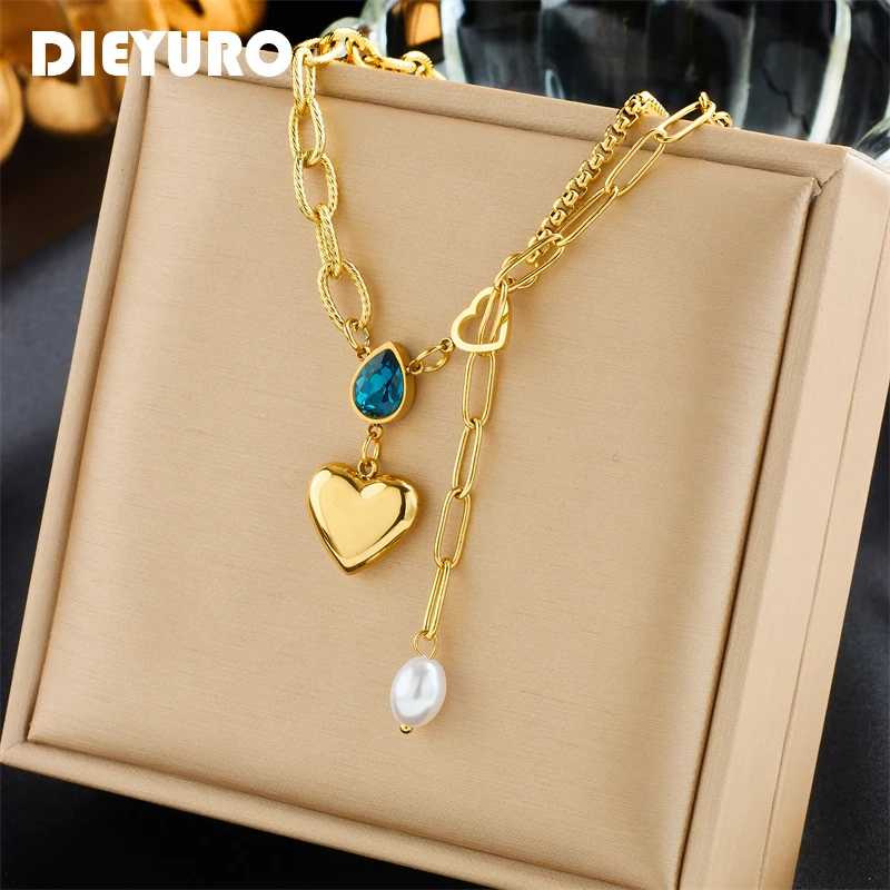 

DIEYURO 316L Stainless Steel Heart Pendant Necklace For Women Girl New Trend Blue Crystal Pearl Choker Chain Jewelry Gift Party