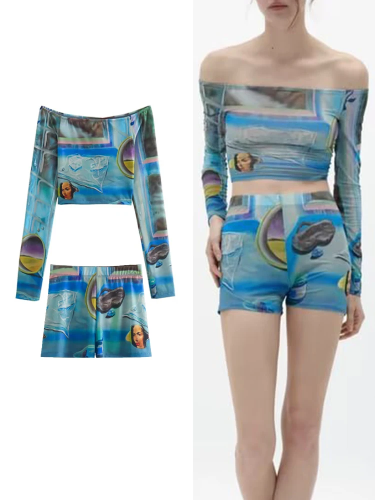 

TRAF 2023 Summer Women Printed Top Shorts Set Slash Neck Tight Pullover Long Sleeve Short Top Elastic Waist Fit Casual Shorts