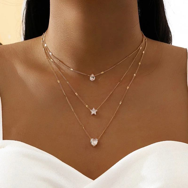 

Vintage Crystal Zircon Heart Star Charm Multilayer Pendant Necklace Set for Women Fashion Water Drop Rhinestone Female Jewelry