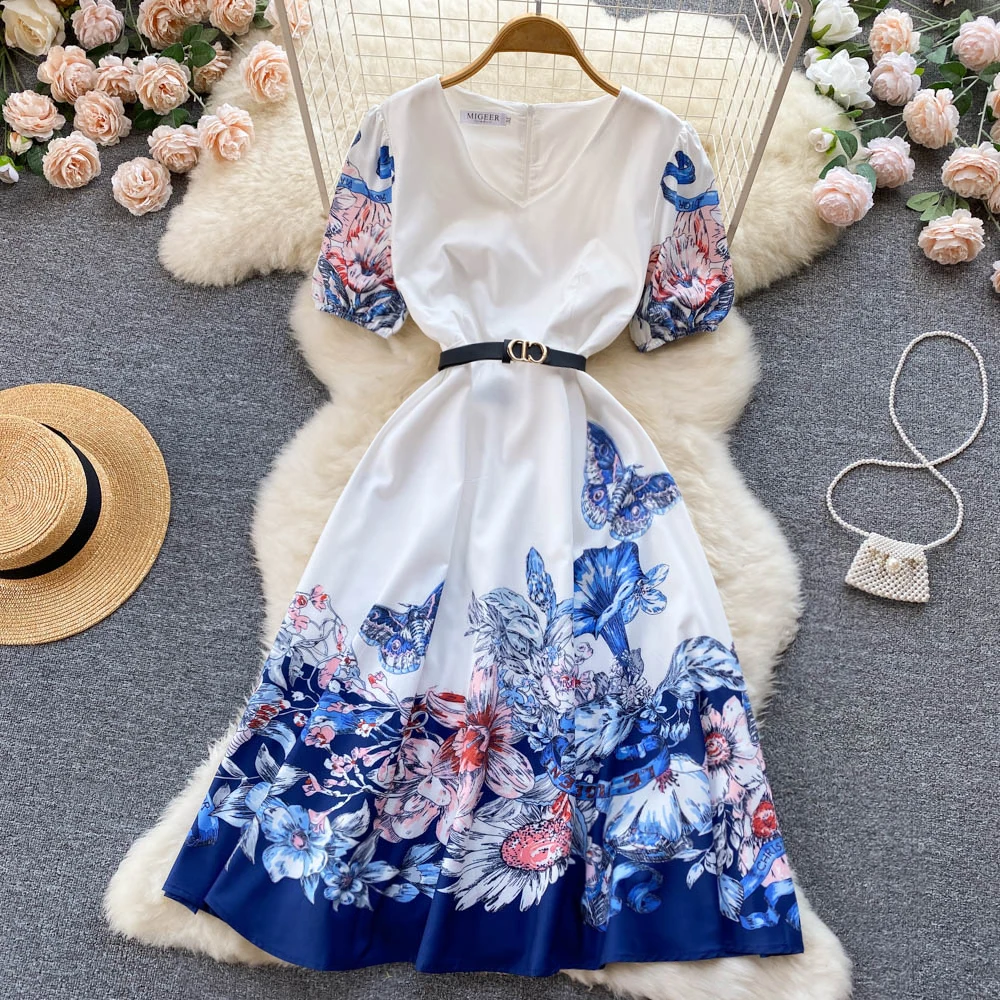 

Amolapha Bohemia Vacation V-Neck Dress Autumn Women Runway Flower Print Bow Long Sleeve Holiday A-Line Midi Vestidos